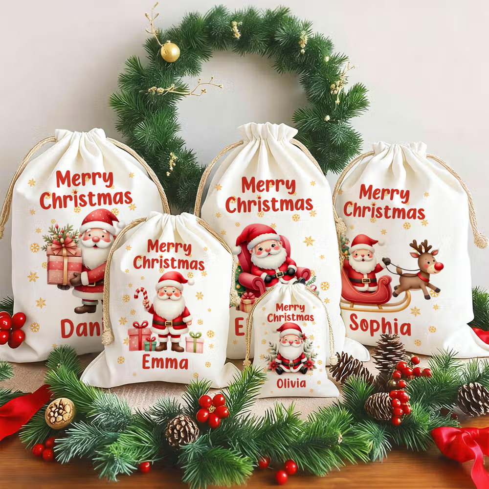 Personalized Cute Cartoon Santa Claus Snowflake Drawstring Christmas Gift Bag with Name Merry Christmas Gift for Kids Family - CALLIE