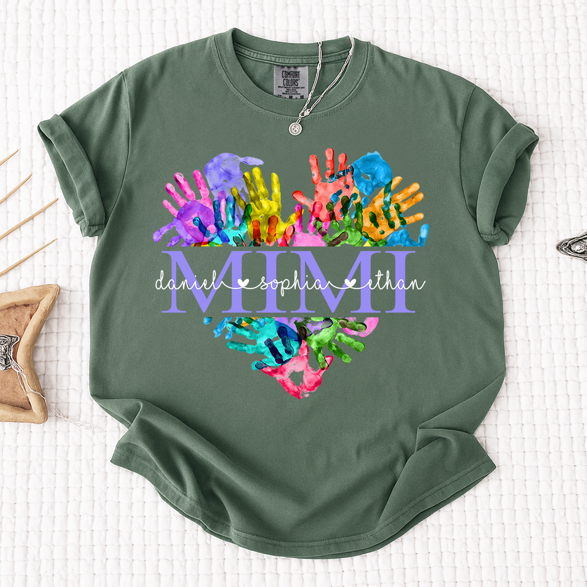 Comfort Colors Personalized Mimi Shirt Colorful Handprint Heart Custom Grandkids Names Mimi Grandma Gift T Shirt