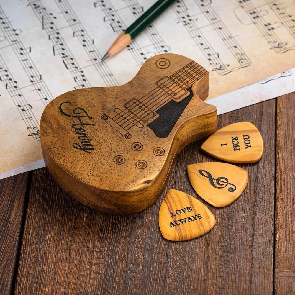 Personalized Wooden Guitar Picks Set of 3 with a Storage Case, Engraved Holder Box for Pick Set, Gift for Guitar Player Musician Birthday Gift Idea