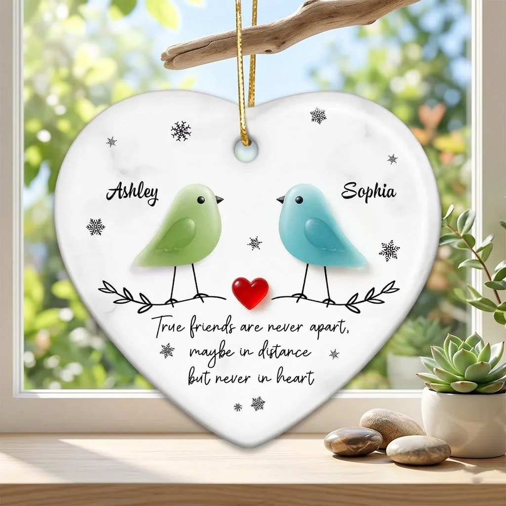 Personalized Sea Glass "Birds on a Branch" Heart Keepsake - Friendship & Long-Distance Gift