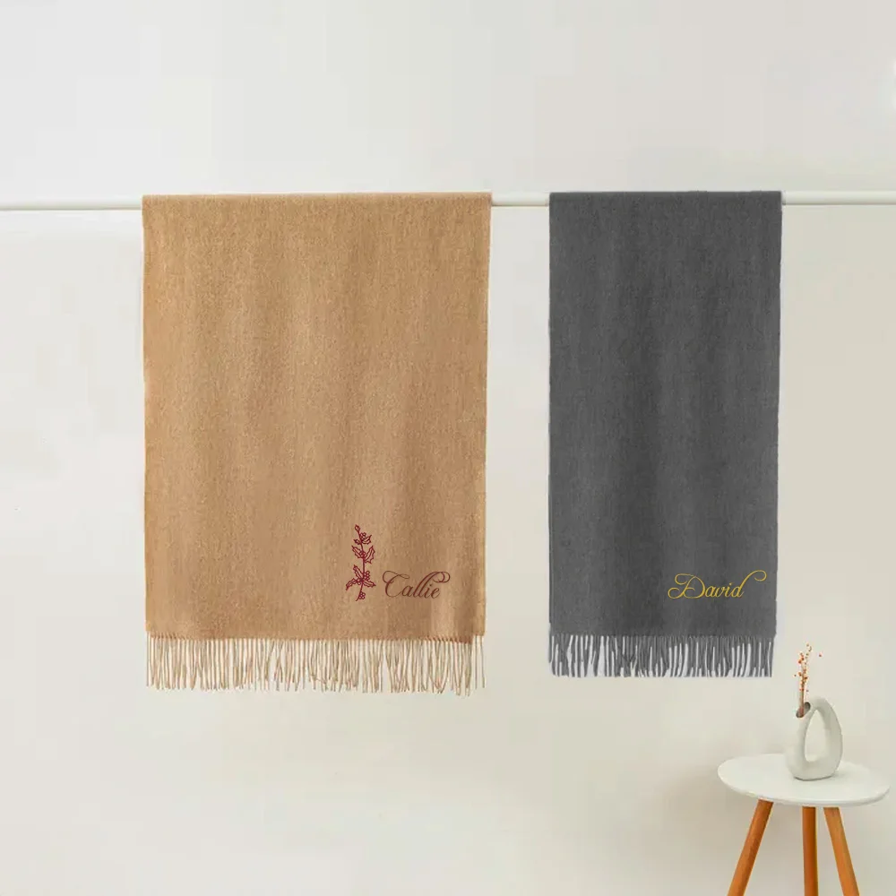 Personalized Super Soft Warm Scarf with Embroidered Birth Flower and Text Fashion Accessory Birthday Christmas Gift for Couple Family