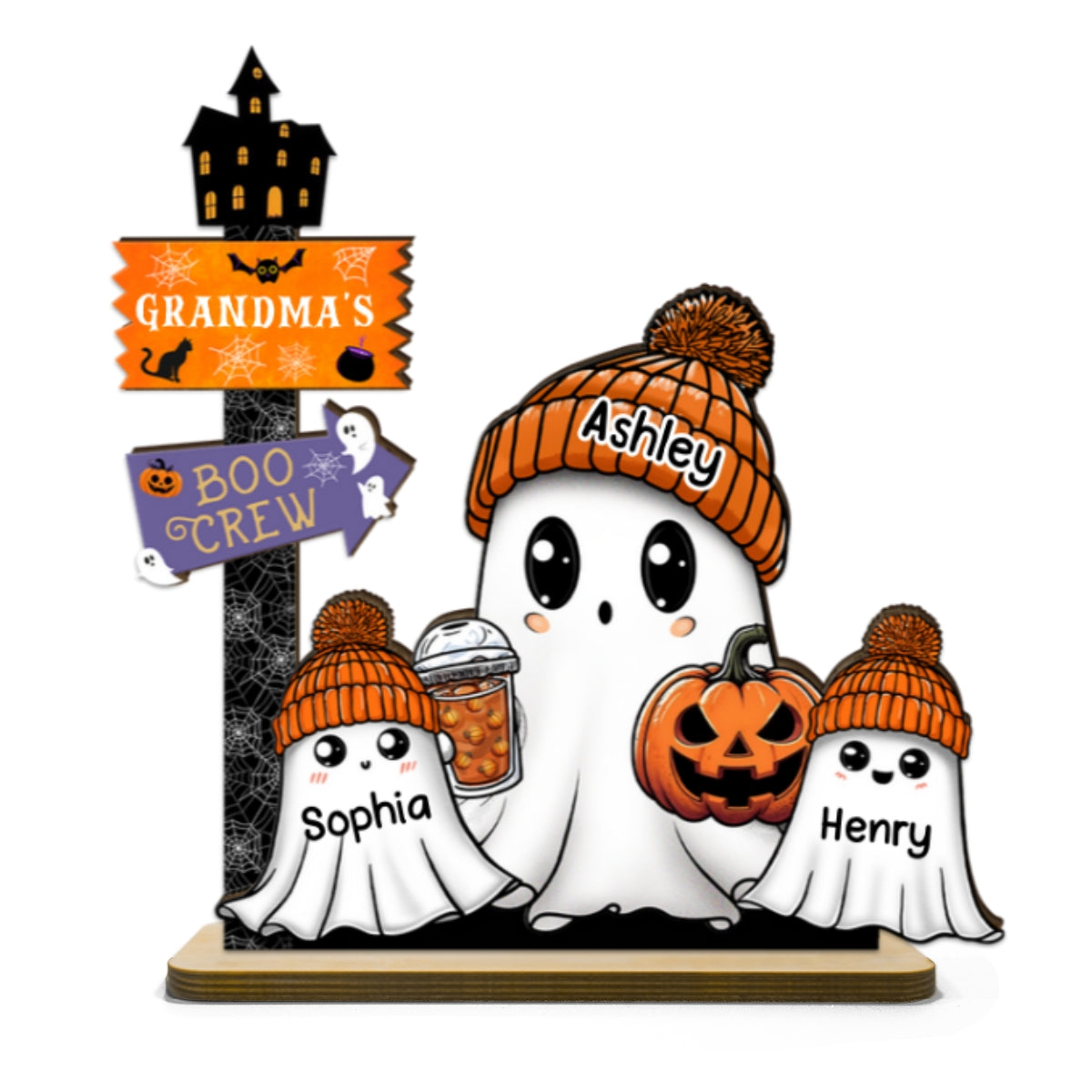 Grandma Boo Crew Fall Season Halloween Personalized 2-Layer Standing Wooden Plaque, Halloween Decoration, Tabletop Tier Tray Decor