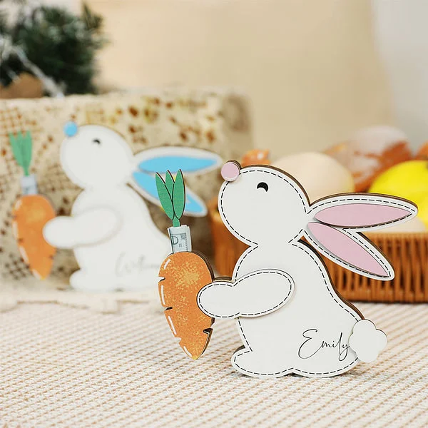Personalized Bunny Rabbit Carrot Wooden Money Holder with Name Easter Home Decor Birthday Gift for Boys Girls