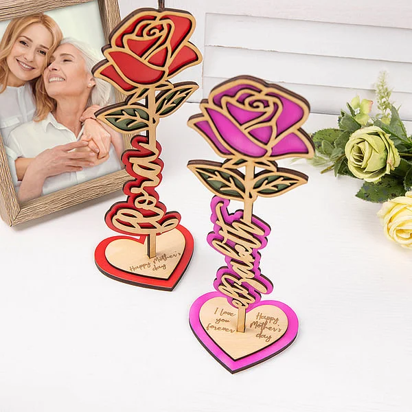 Personalized 3D Standable Wooden Rose Sign with Engraved Text Desk Decoration Mother's Day Gift for Mom