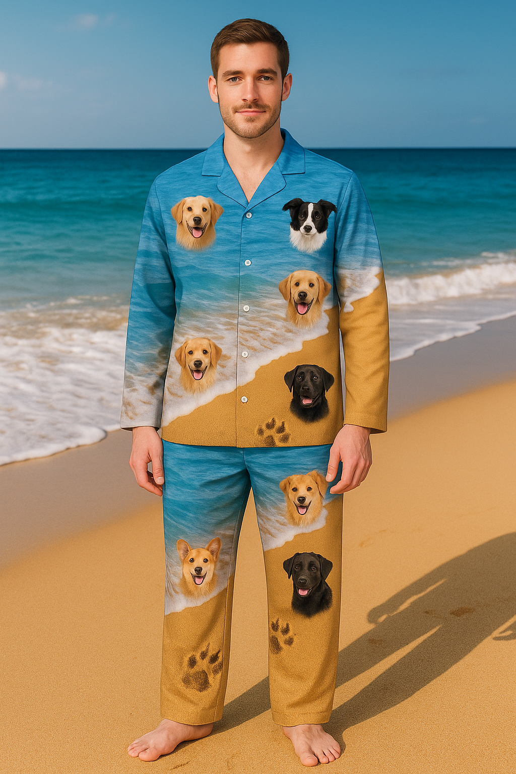 Personalized beach pajamas pet headshot photo long sleeve pajamas with pants with name, birthday gift for men and women pet lovers