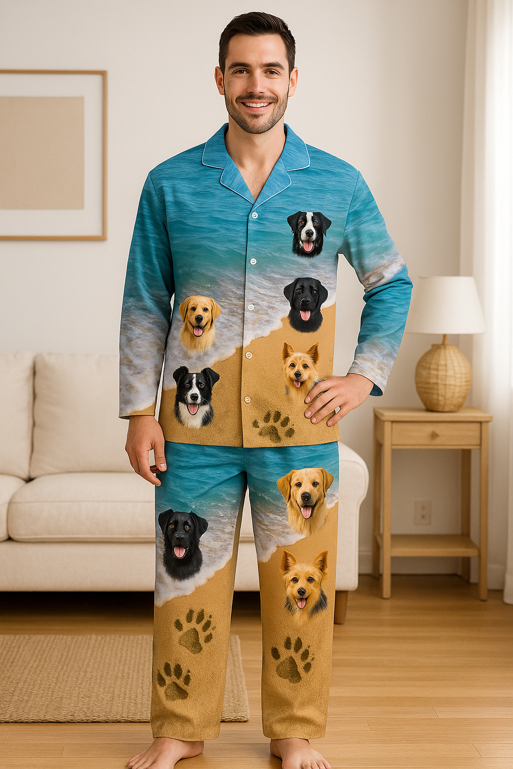Personalized beach pajamas pet headshot photo long sleeve pajamas with pants with name, birthday gift for men and women pet lovers