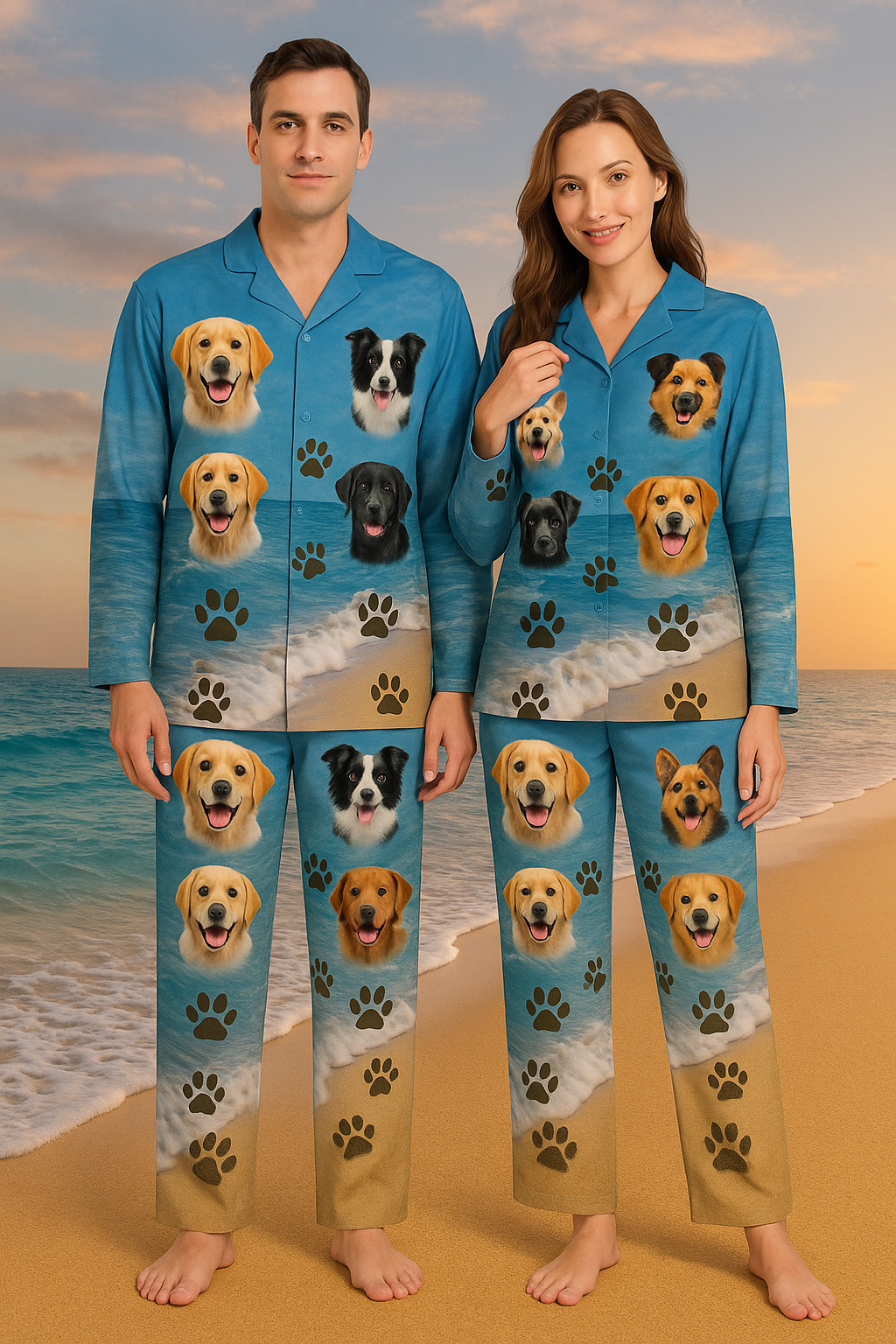 Personalized beach pajamas pet headshot photo long sleeve pajamas with pants with name, birthday gift for men and women pet lovers