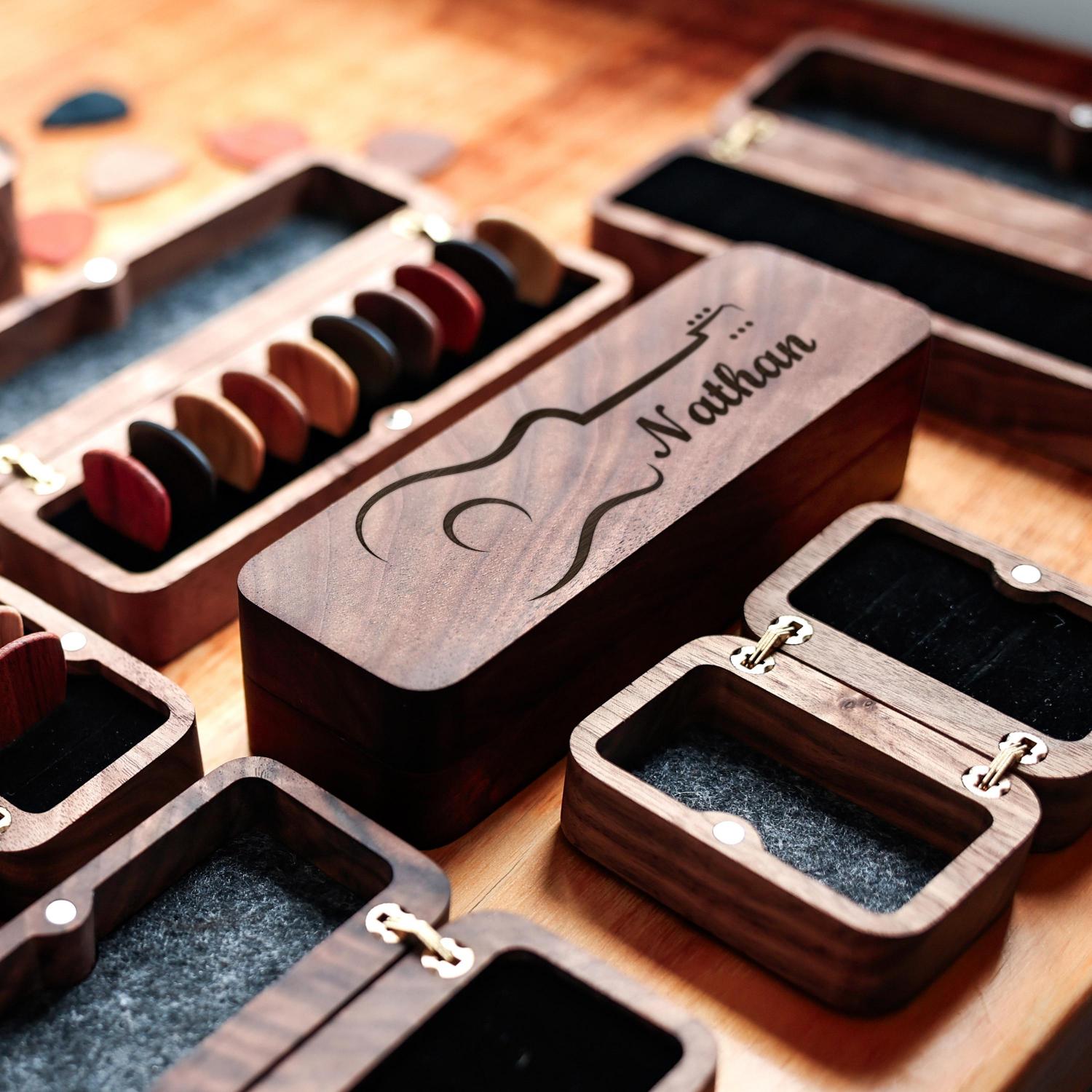 Personalized Walnut Guitar Pick Box, Plectrum Holder Case, 4/6/10 Slots, Custom Engraving