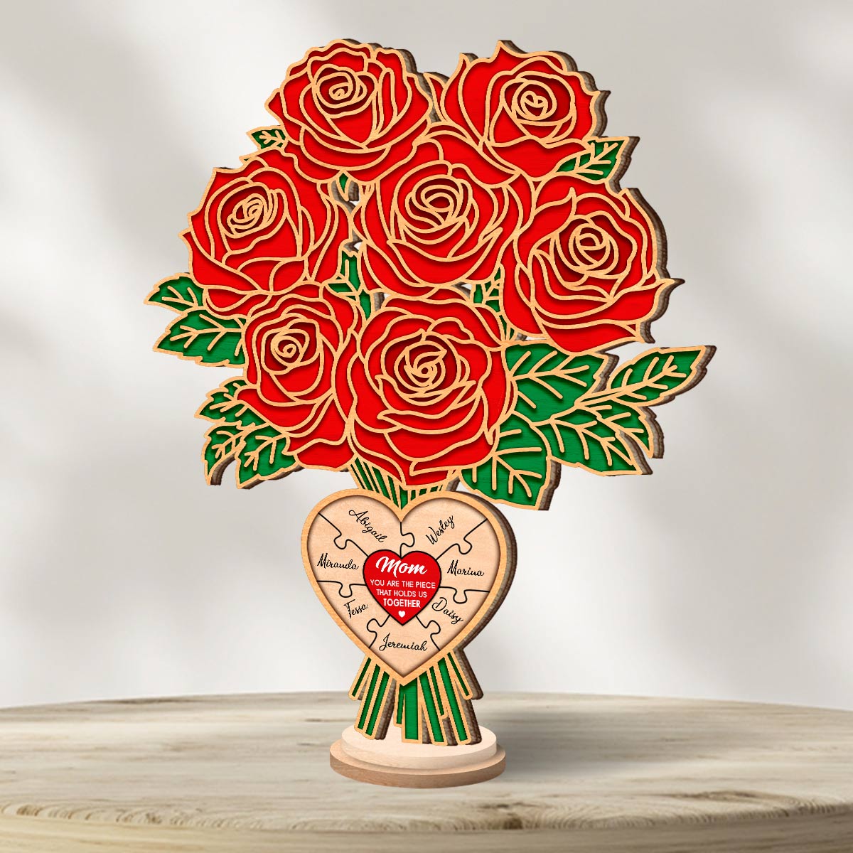 Flowers Rose 2-Layered Wooden Stand Custom Names Mother's Day Gifts