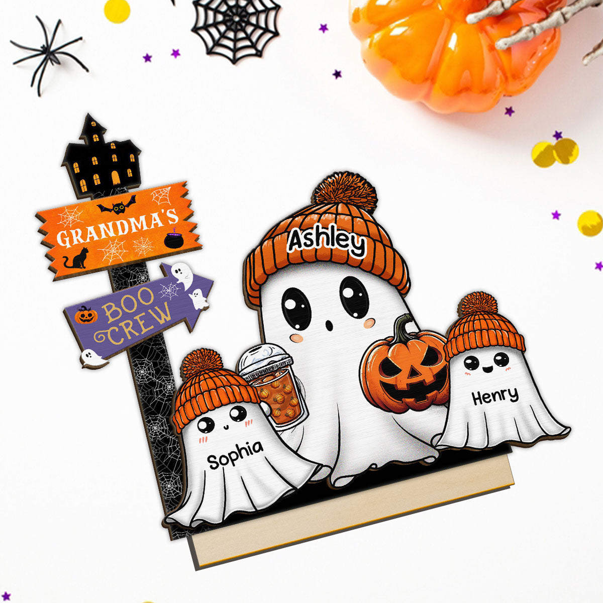 Grandma Boo Crew Fall Season Halloween Personalized 2-Layer Standing Wooden Plaque, Halloween Decoration, Tabletop Tier Tray Decor