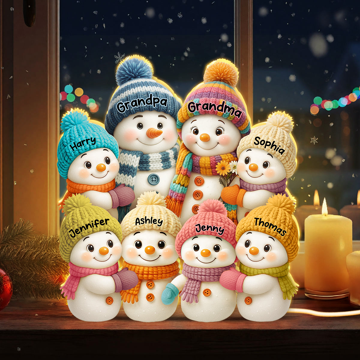 3D Effect Snowman Grandma, Grandpa, Grandparents and Grandkids Personalized Light Box - Christmas Gift for Grandparents