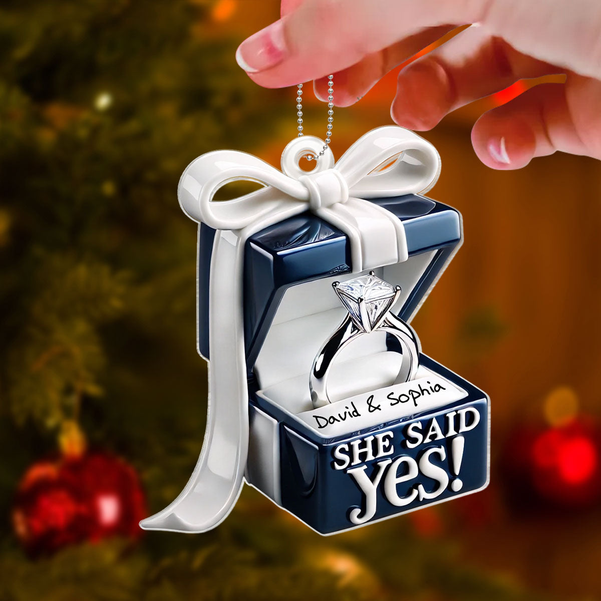 Personalized Engagement Ring Box Acrylic Ornament, Anniversary Gift for Couple