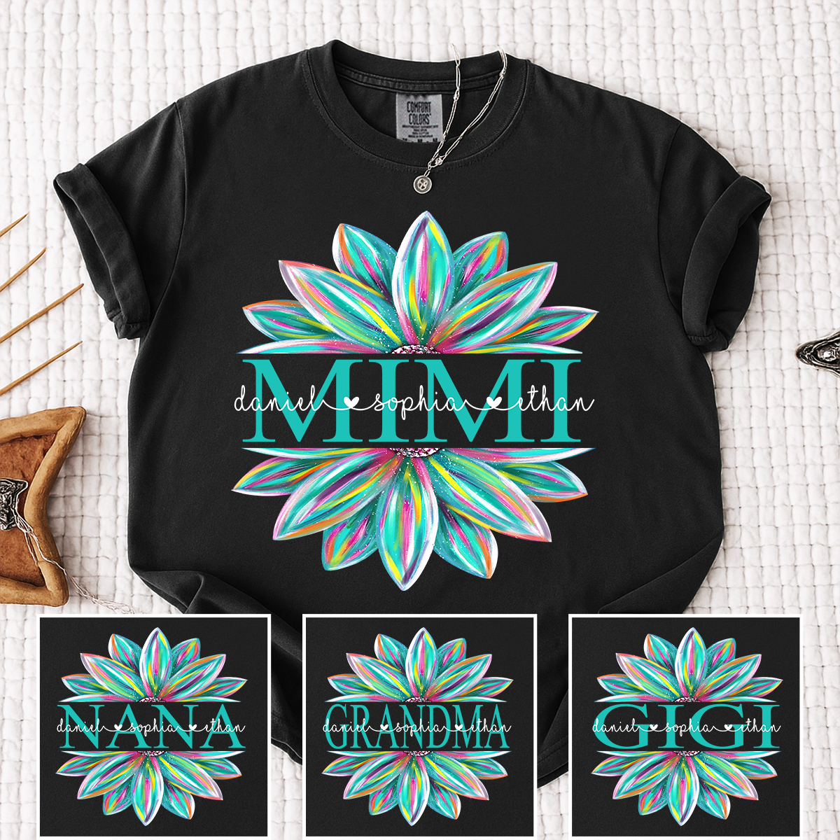 Comfort Colors Personalized MIMI T Shirt, Custom Family Names with Colorful Flower Design, Perfect Gift for Mimi