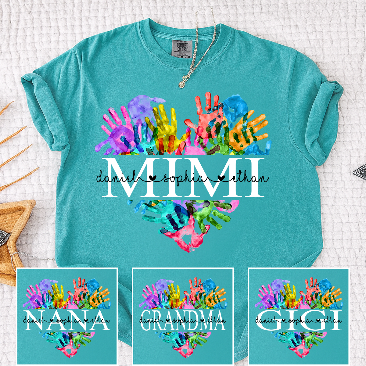 Comfort Colors Personalized Mimi Shirt Colorful Handprint Heart Custom Grandkids Names Mimi Grandma Gift T Shirt