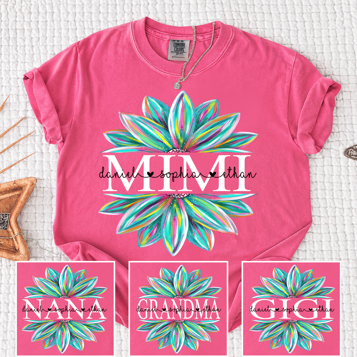 Comfort Colors Personalized MIMI T Shirt, Custom Family Names with Colorful Flower Design, Perfect Gift for Mimi