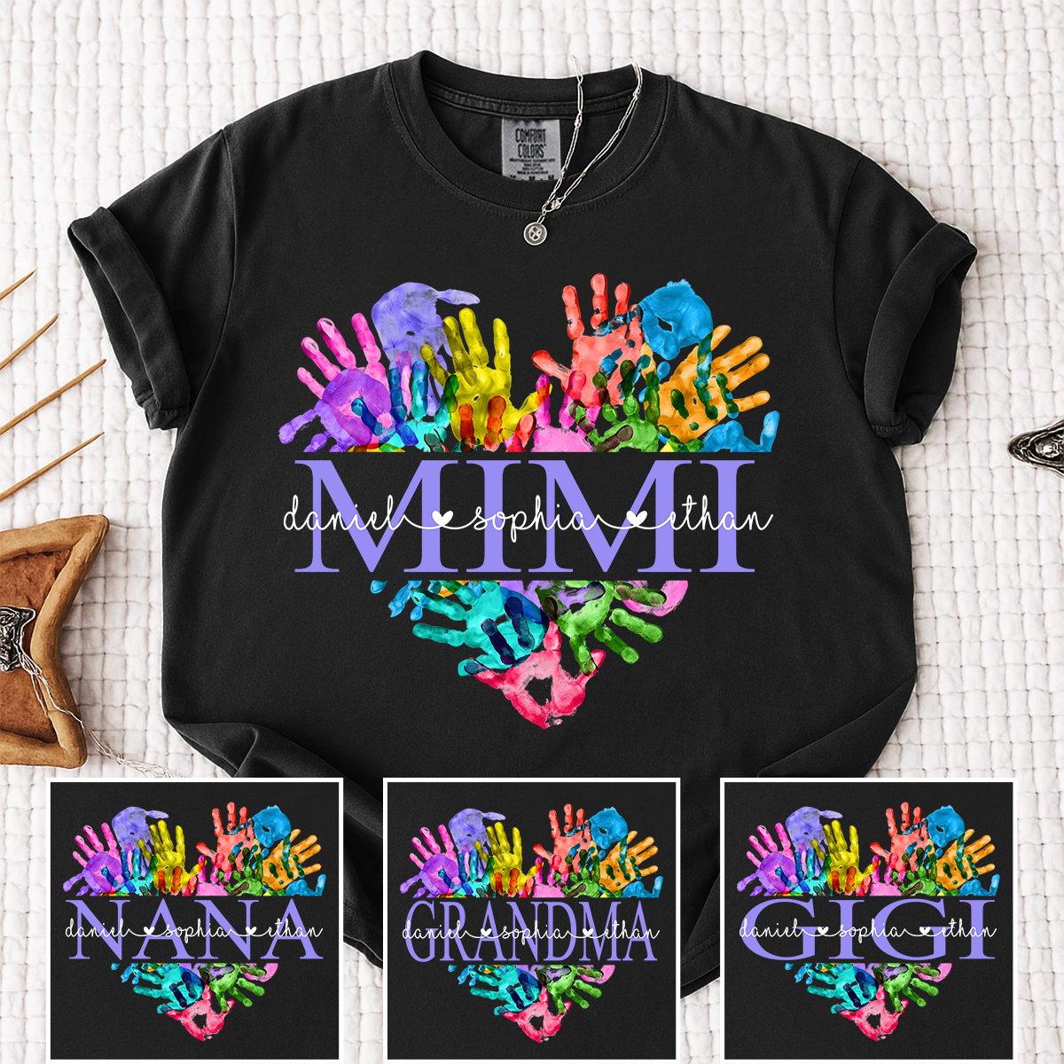 Comfort Colors Personalized Mimi Shirt Colorful Handprint Heart Custom Grandkids Names Mimi Grandma Gift T Shirt