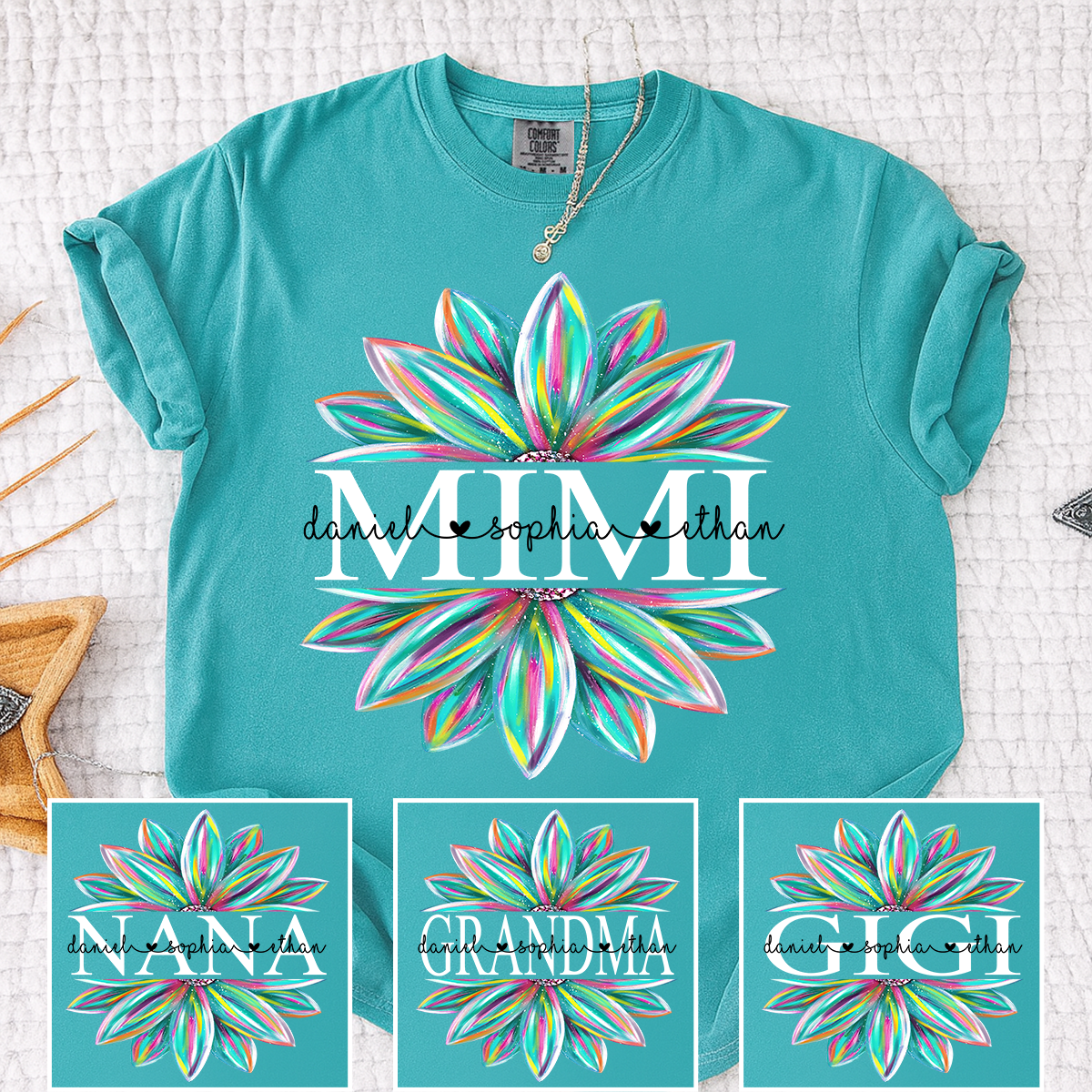 Comfort Colors Personalized MIMI T Shirt, Custom Family Names with Colorful Flower Design, Perfect Gift for Mimi