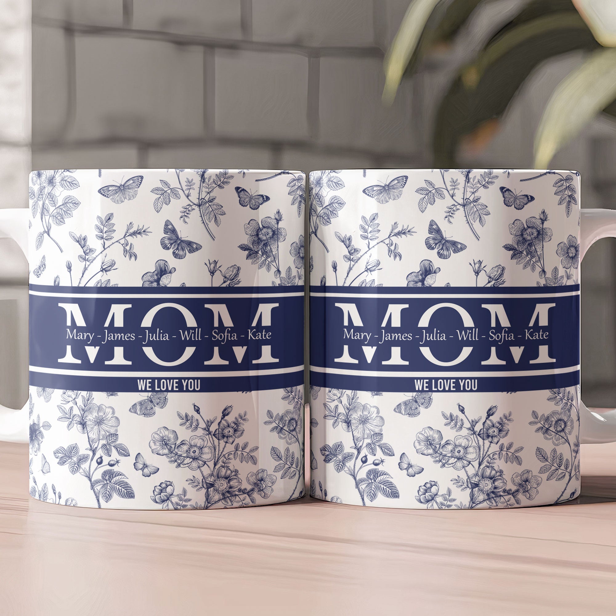 Mom, Mama, Grandma, Mimi With Kids' Names - Blue Toile De Jouy - Personalized Mug