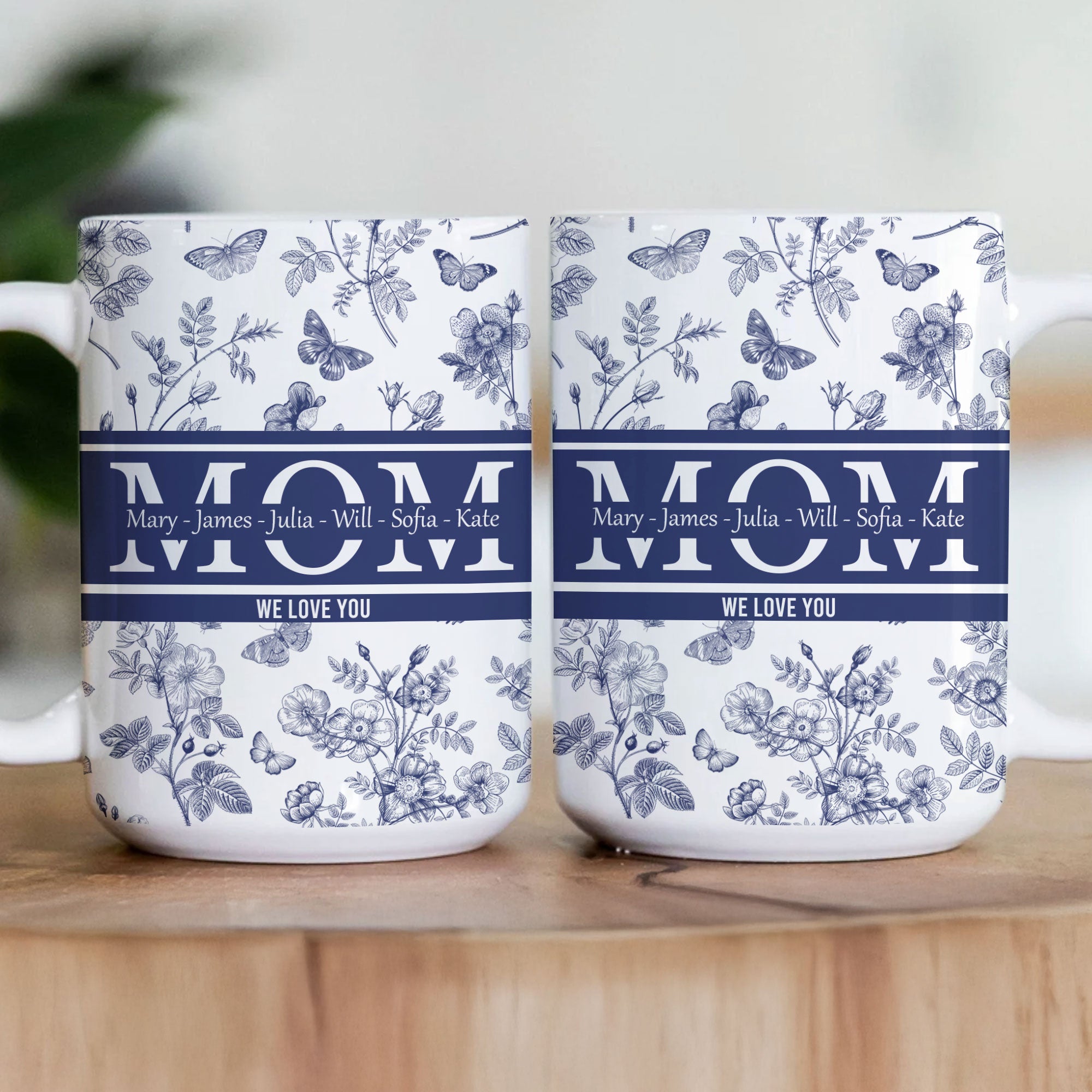 Mom, Mama, Grandma, Mimi With Kids' Names - Blue Toile De Jouy - Personalized Mug