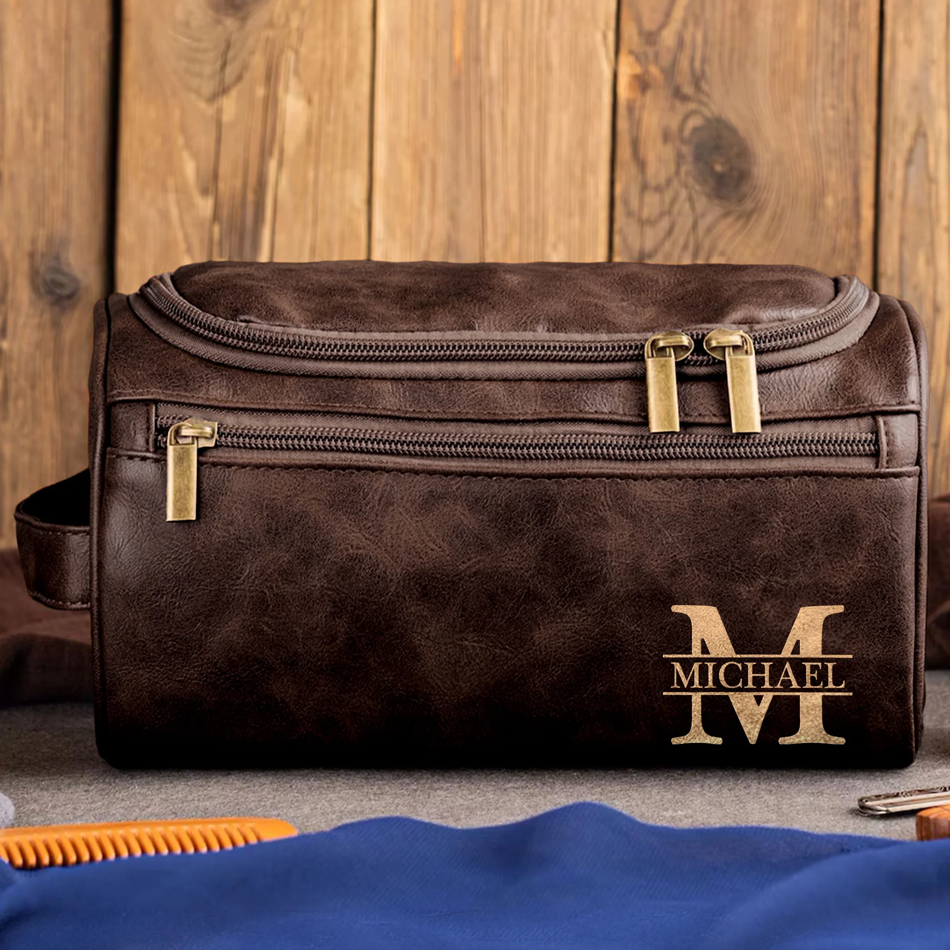 Custom Engraved Leather Toiletry Bag - Personalized Birthday Gifts For Dad, Brother, Grandpa, Husband - For The Man Who’s Always On The Move