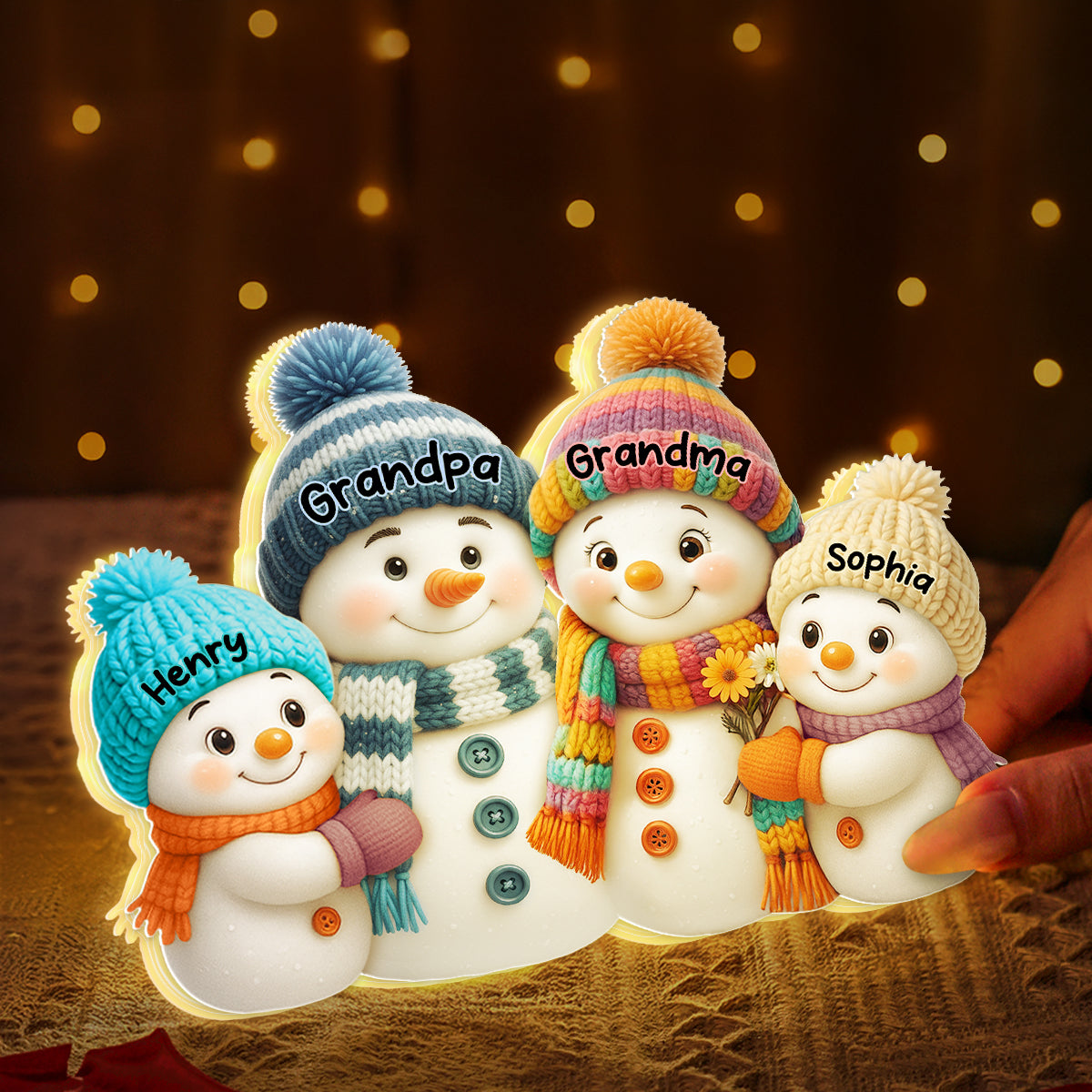 3D Effect Snowman Grandma, Grandpa, Grandparents and Grandkids Personalized Light Box - Christmas Gift for Grandparents