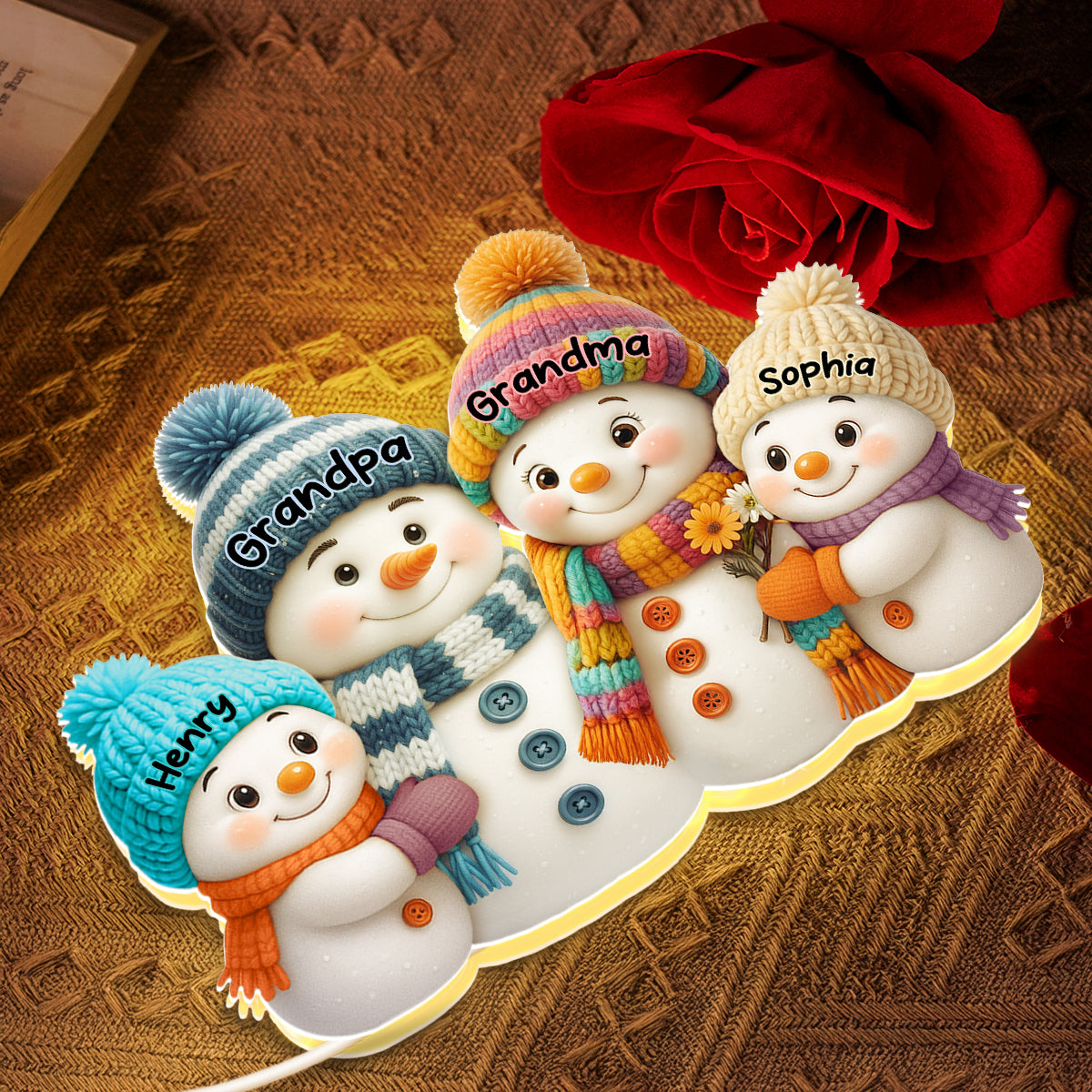 3D Effect Snowman Grandma, Grandpa, Grandparents and Grandkids Personalized Light Box - Christmas Gift for Grandparents