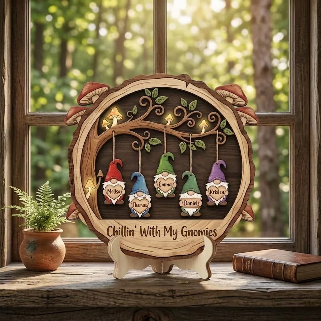 Personalized Custom Gnome Family Wooden Sign with Name Hanging Gnomes