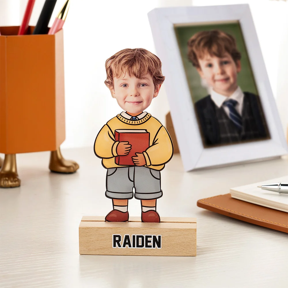 Personalised School Uniform Character Face Photo Acrylic Plaque with Wooden Base and Name Home Decor Birthday Children's Day Gift for Boys Girls