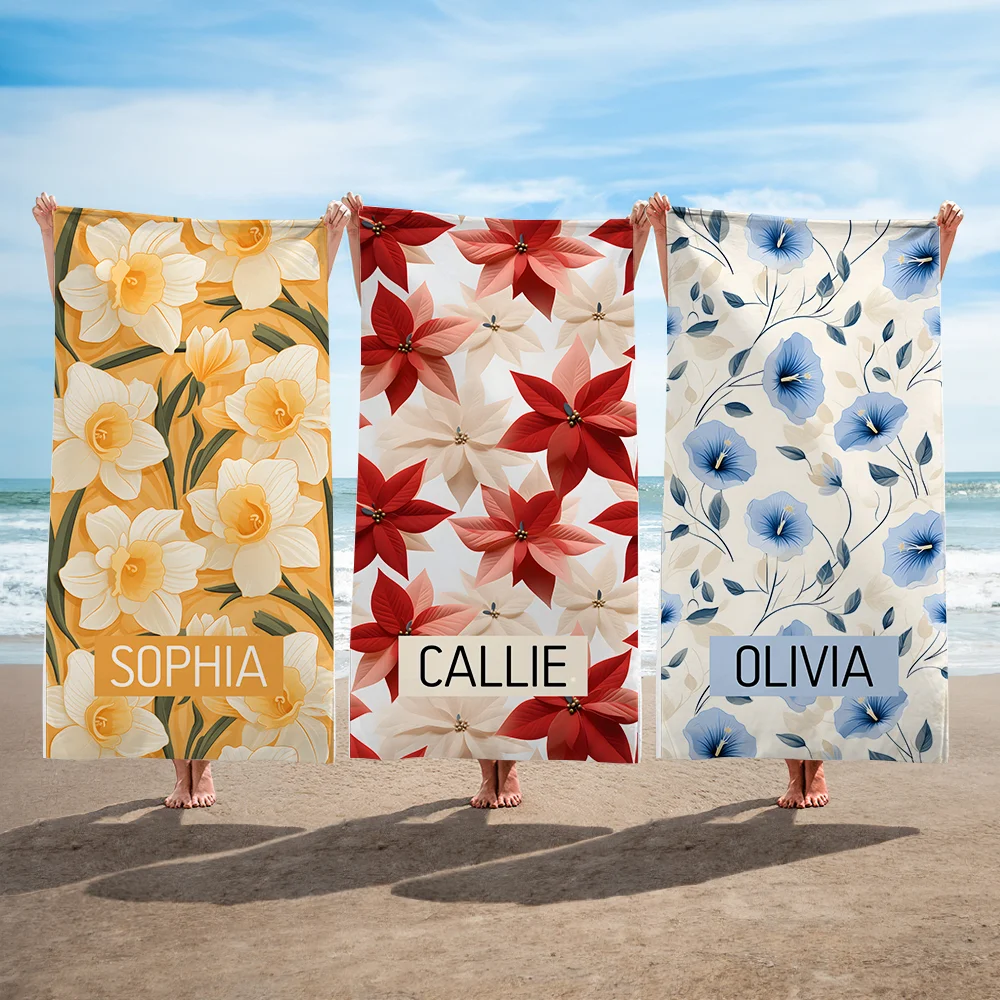 Personalized Birth Flower Quick Dry Oversized Microfiber Beach Towel with Name Summer Travel Essentials Birthday Gift for Family Friends