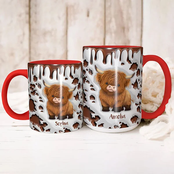 Personalized Cute Highland Cow Ceramic Coffee Mug with Name and Coaster Birthday Gift for Highland Cow Lover