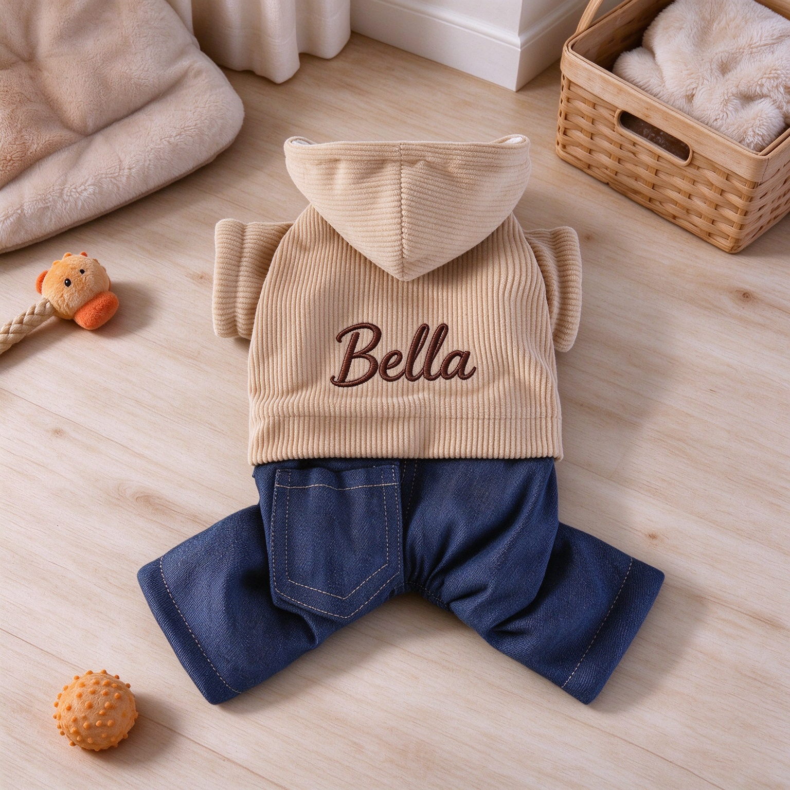 Personalized Embroidered Dog Corduroy Hooded Jumpsuit 