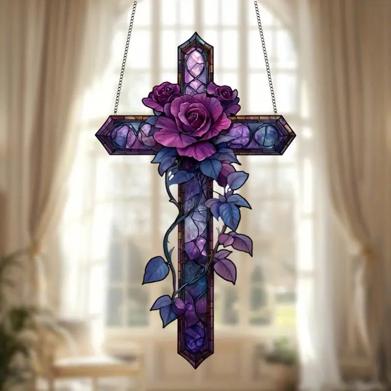 Purple Rose Cross Suncatcher Hanging Decor