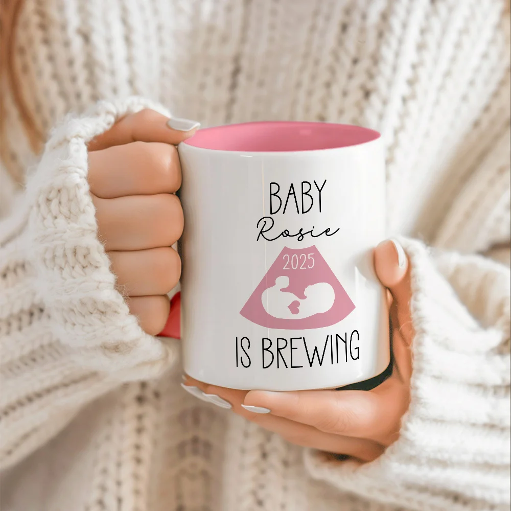 Personalized Baby is Brewing B-ultrasound Pregnancy Announcement Ceramic Mug with Name and Year Mother's Day Father's Day Gift for Expecting Parents