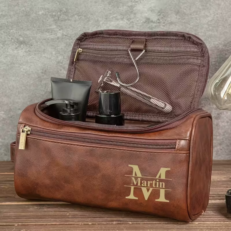 Custom Engraved Leather Toiletry Bag - Personalized Birthday Gifts For Dad, Brother, Grandpa, Husband - For The Man Who’s Always On The Move