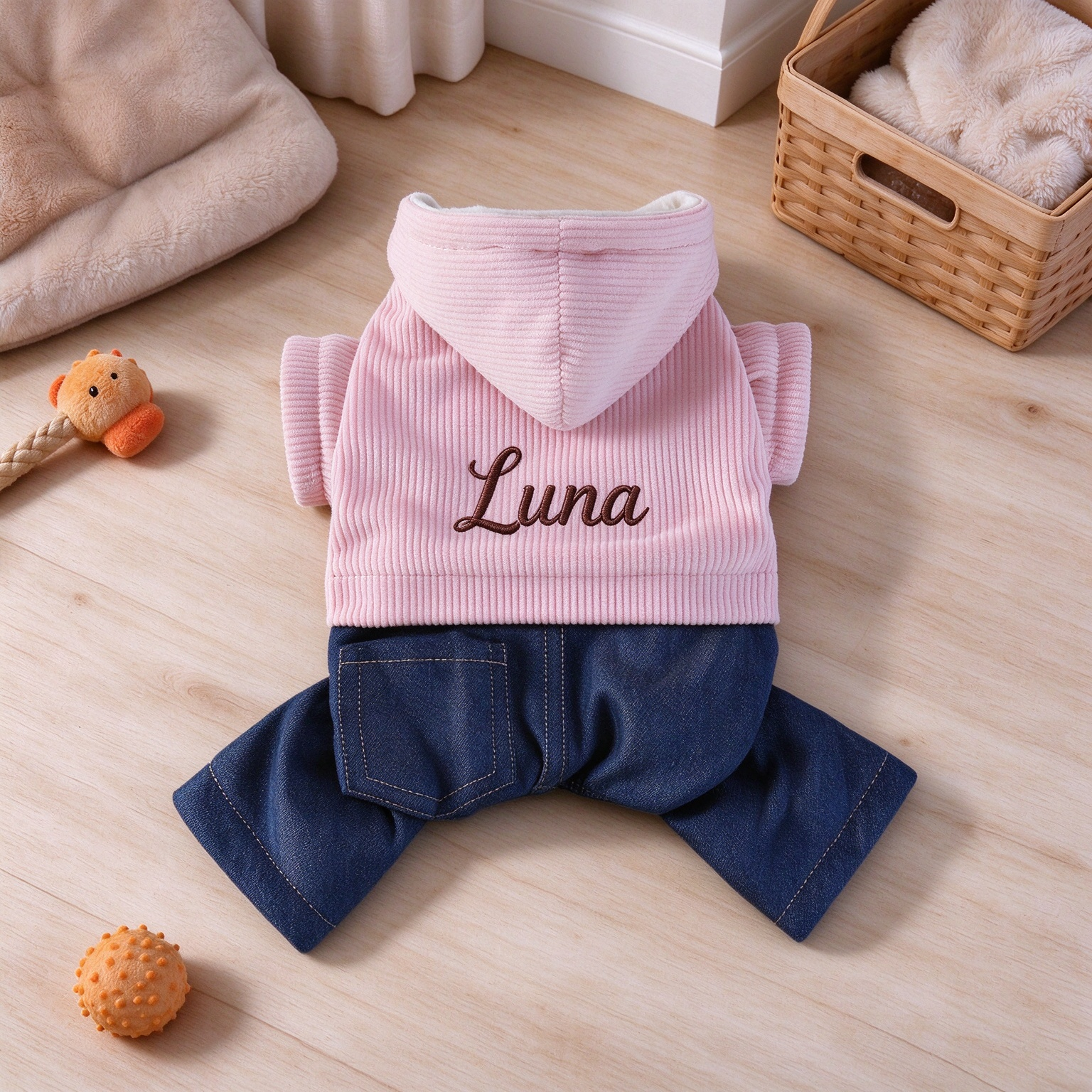 Personalized Embroidered Dog Corduroy Hooded Jumpsuit 