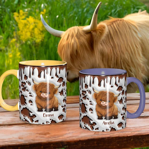Personalized Cute Highland Cow Ceramic Coffee Mug with Name and Coaster Birthday Gift for Highland Cow Lover