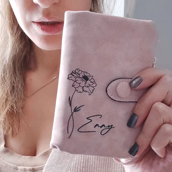 Personalized Tri-Fold Birth Flower PU Leather Wallet Card Holder Birthday Gift for Woman