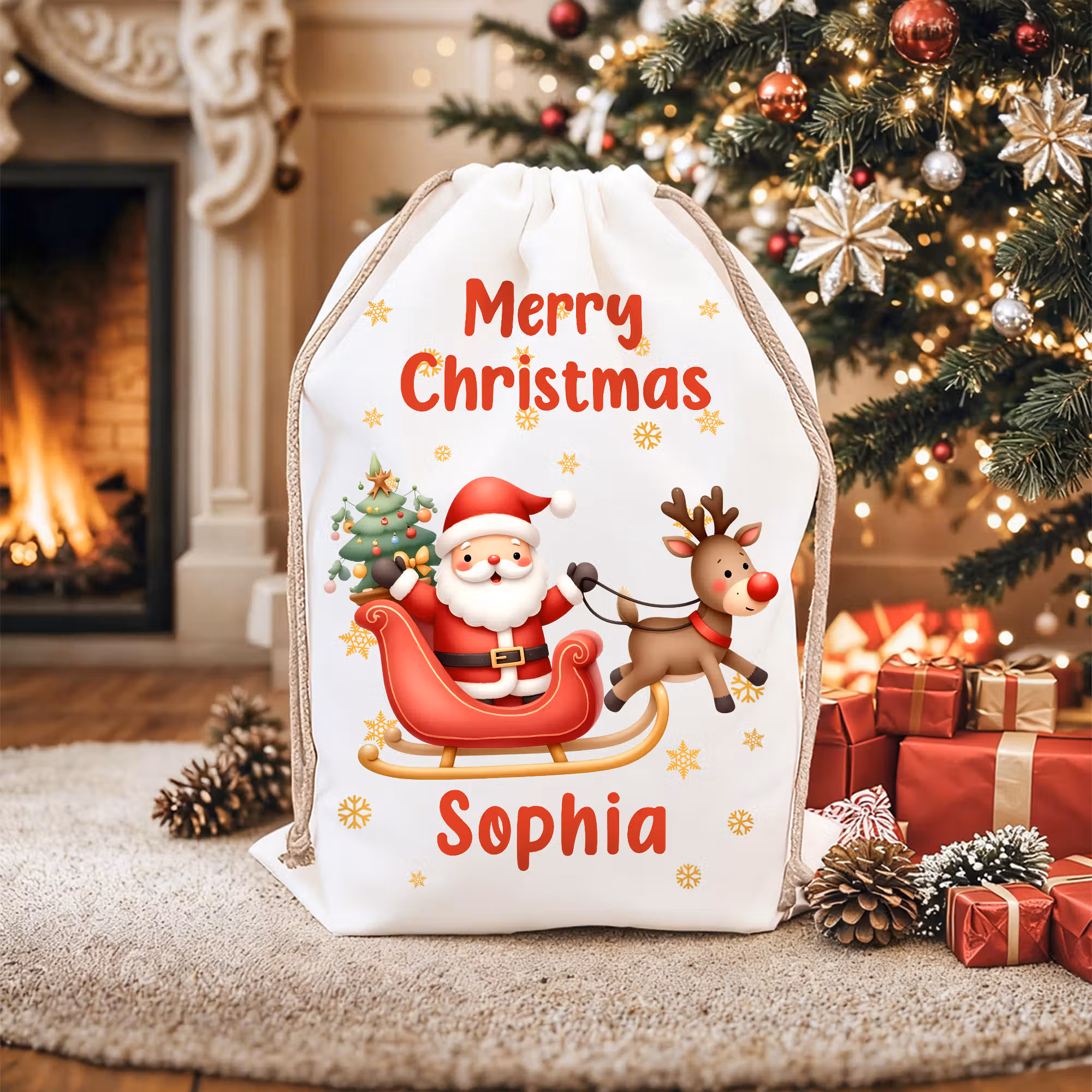 Personalized Cute Cartoon Santa Claus Snowflake Drawstring Christmas Gift Bag with Name Merry Christmas Gift for Kids Family - CALLIE