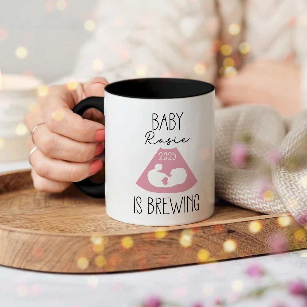 Personalized Baby is Brewing B-ultrasound Pregnancy Announcement Ceramic Mug with Name and Year Mother's Day Father's Day Gift for Expecting Parents