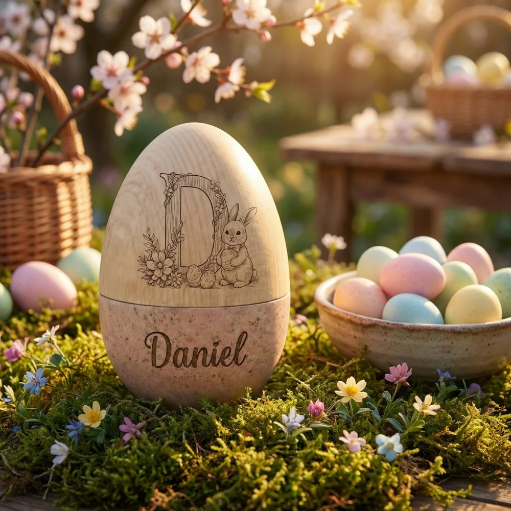 Personalized Bunny Floral Wooden Easter Egg with Name and Initial, Reusable Large Hollow Speckled Easter Keepsake, Basket Filler, Easter Gift for Kids