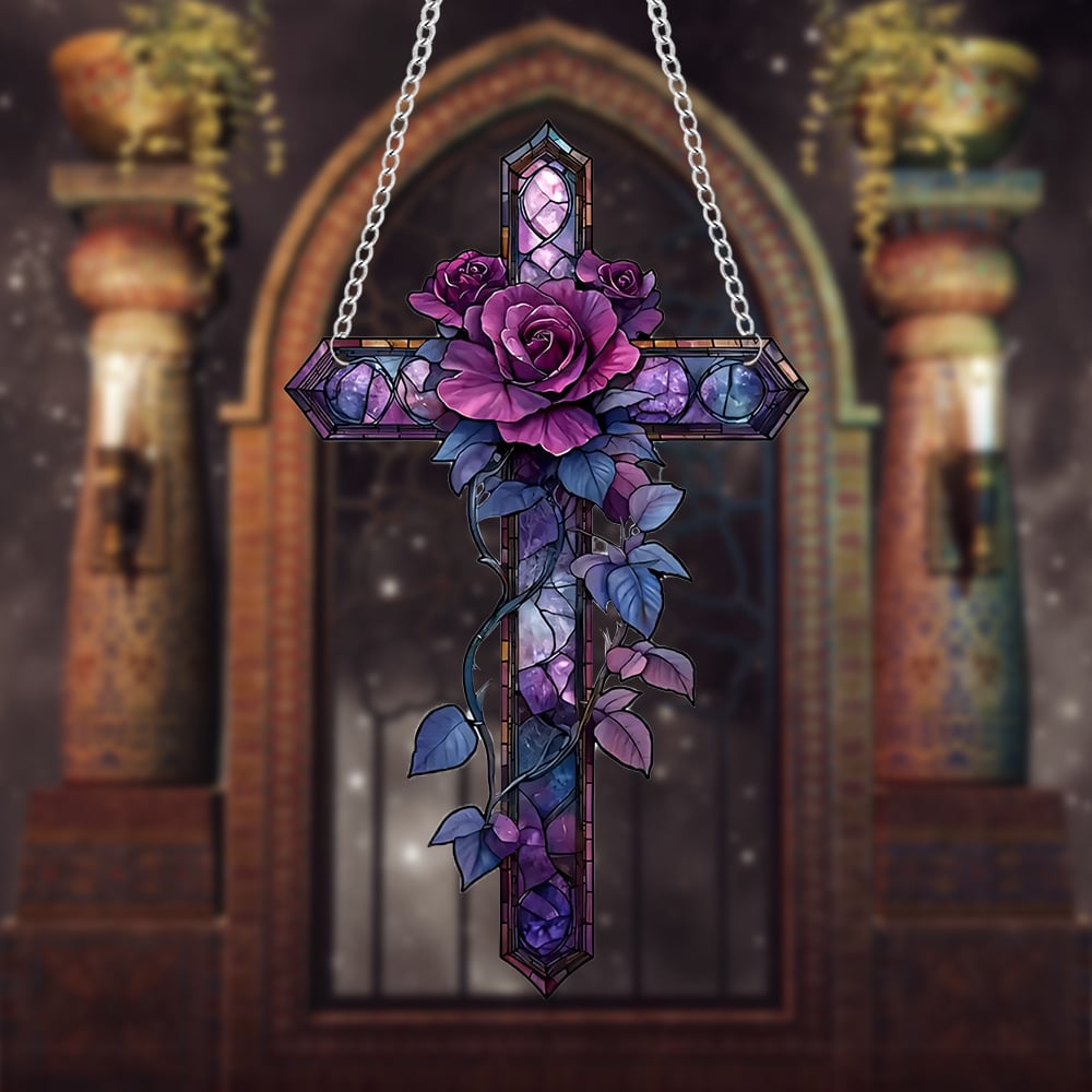 Purple Rose Cross Suncatcher Hanging Decor
