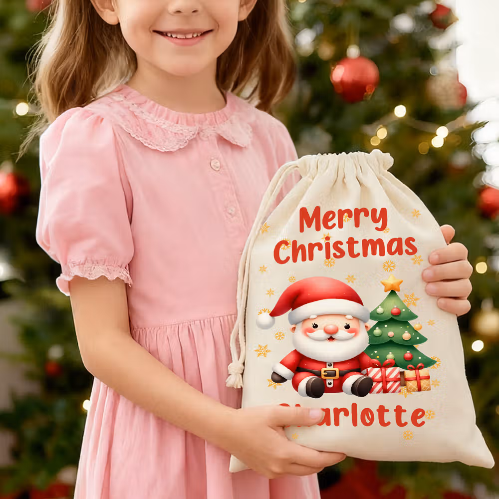 Personalized Cute Cartoon Santa Claus Snowflake Drawstring Christmas Gift Bag with Name Merry Christmas Gift for Kids Family - CALLIE