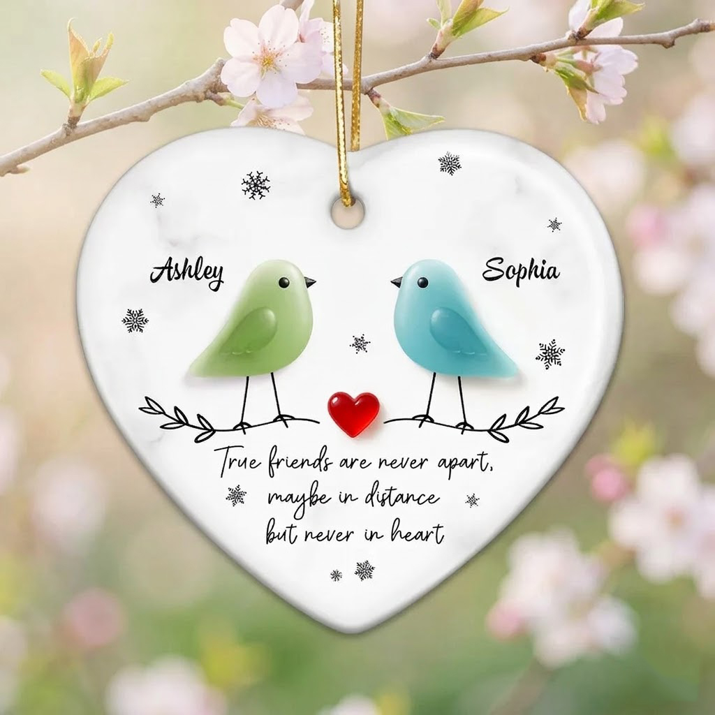 Personalized Sea Glass "Birds on a Branch" Heart Keepsake - Friendship & Long-Distance Gift