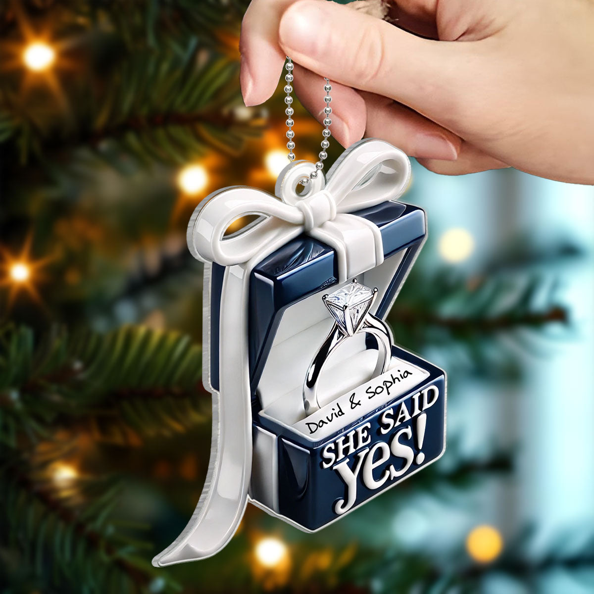 Personalized Engagement Ring Box Acrylic Ornament, Anniversary Gift for Couple