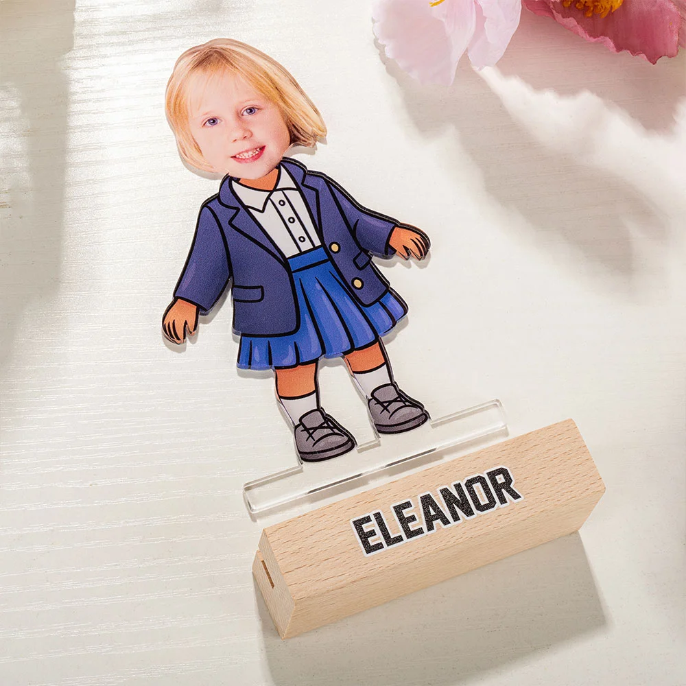 Personalised School Uniform Character Face Photo Acrylic Plaque with Wooden Base and Name Home Decor Birthday Children's Day Gift for Boys Girls