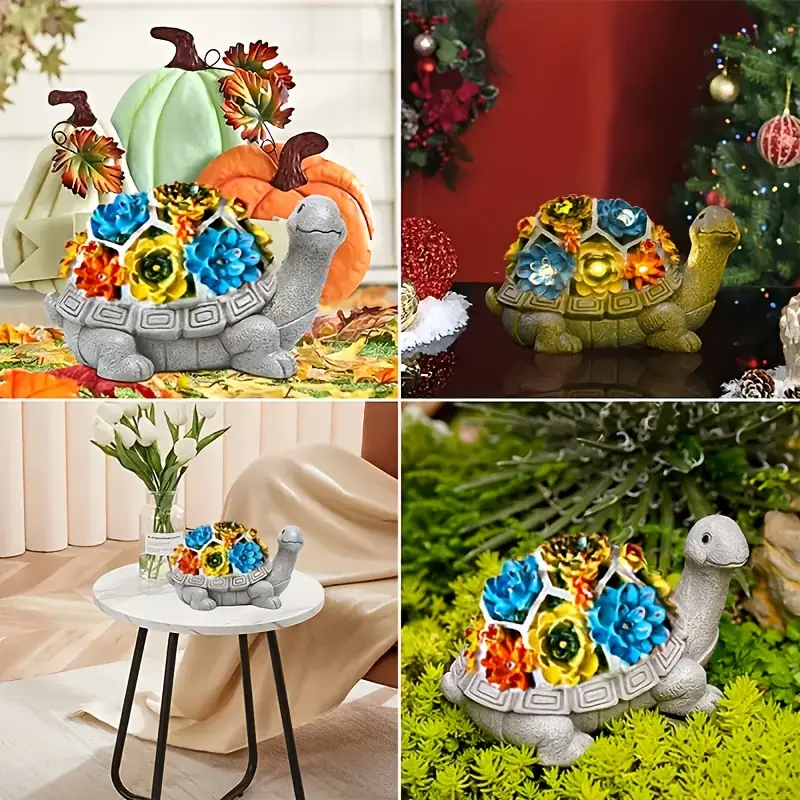 solar powered turtle figurine with led lights and vibrant succulents resin statue garden and patio decorative animal sculpture with nickel battery for outdoor lighting details 6