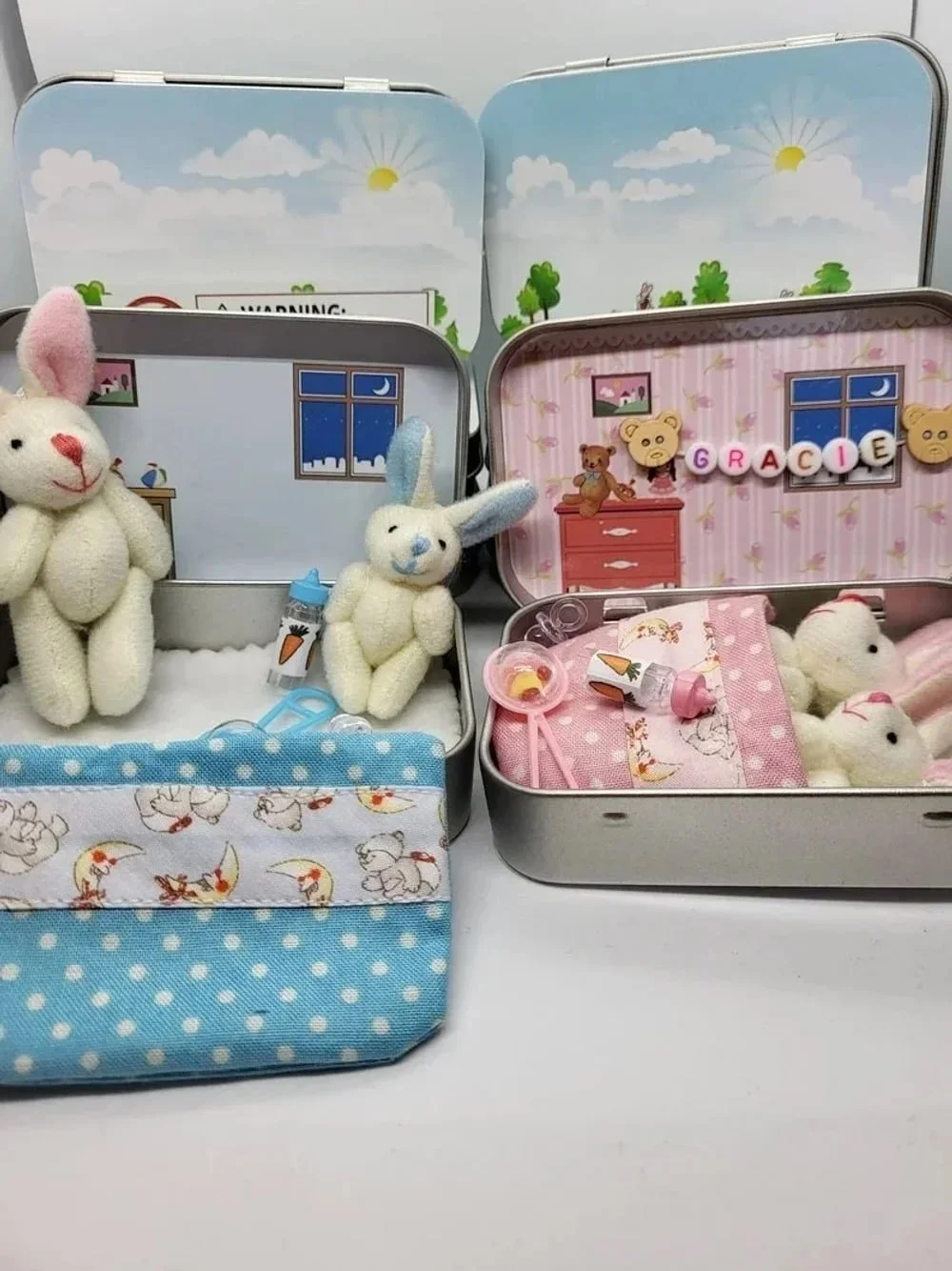 Custom Bunny Mummy Tiny Plush Pocket Tin with Name, Pocket Teddy Bear in Tin, Role Play Toy, Anxiety Easter Gift for Kids 