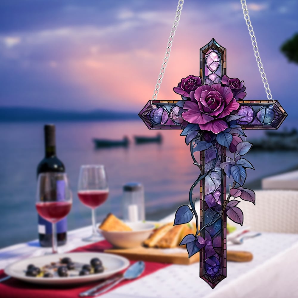 Purple Rose Cross Suncatcher Hanging Decor