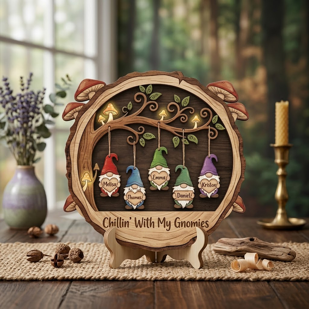 Personalized Custom Gnome Family Wooden Sign with Name Hanging Gnomes