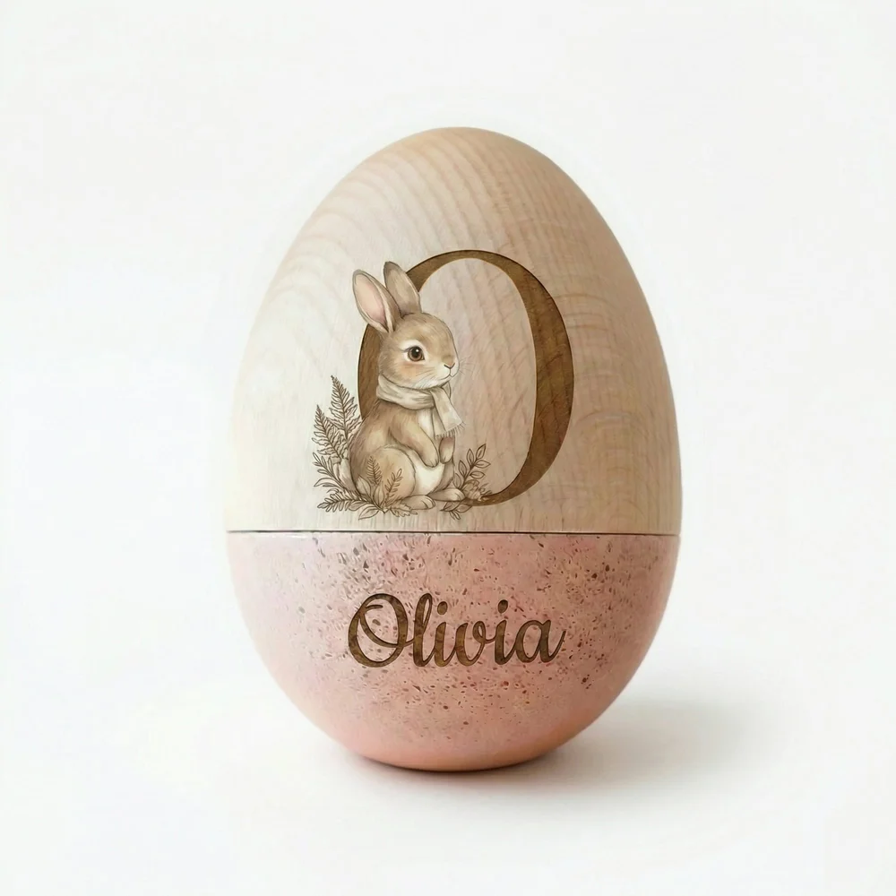 Personalized Bunny Design Easter Egg with Engraved Name and Initial, Wooden Easter Basket Stuffer, Easter Egg Hunt Party Gift for Kids/Boys/Girls